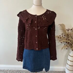 NEW🤎Ruffle Crochet Cardigan Sweater in Burgundy Brown🤎Size Large